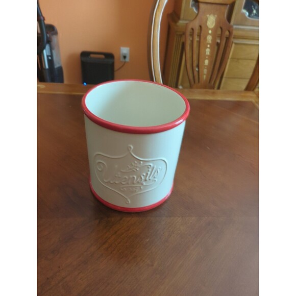 The Pioneer Woman White Linen Red Edge Stoneware Crock Utensil Holder New - Picture 3 of 11